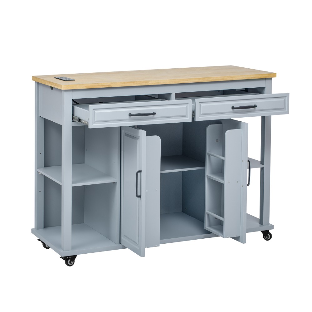 47-inch Kitchen Island w/ Extendable Table, Storage, Outlet - Grey Blue
