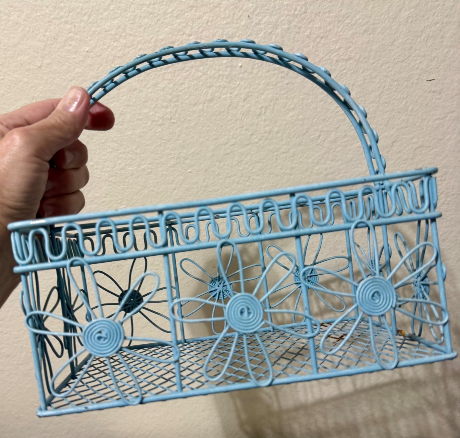 Vintage Metal Covered Sectional Spring Rustic Basket Eggshell Blue