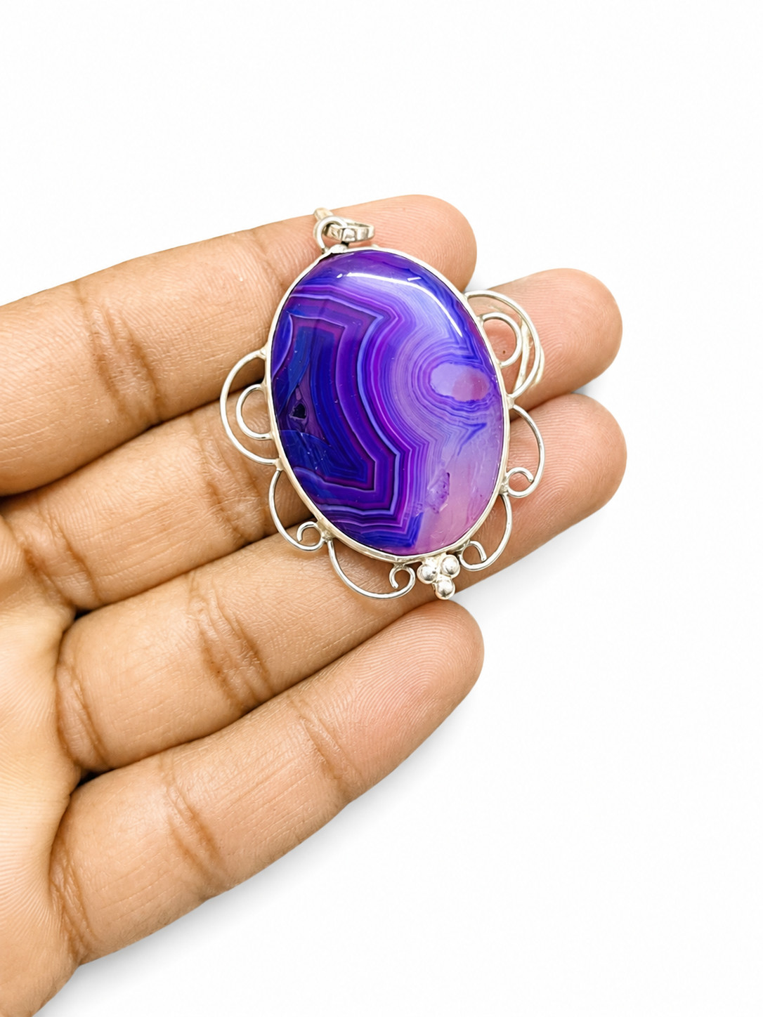 Natural Purple Banded Agate Pendant 925 Sterling Silver Oval Handmade Jewelry