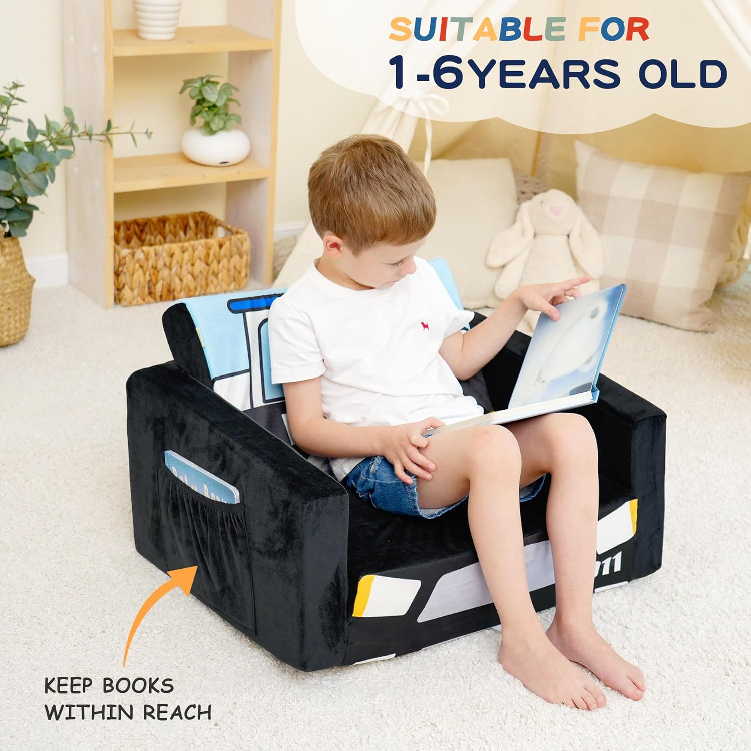 Kids Police Car Sofa Bed - Toddler Flipout Couch & Recliner (Black)
