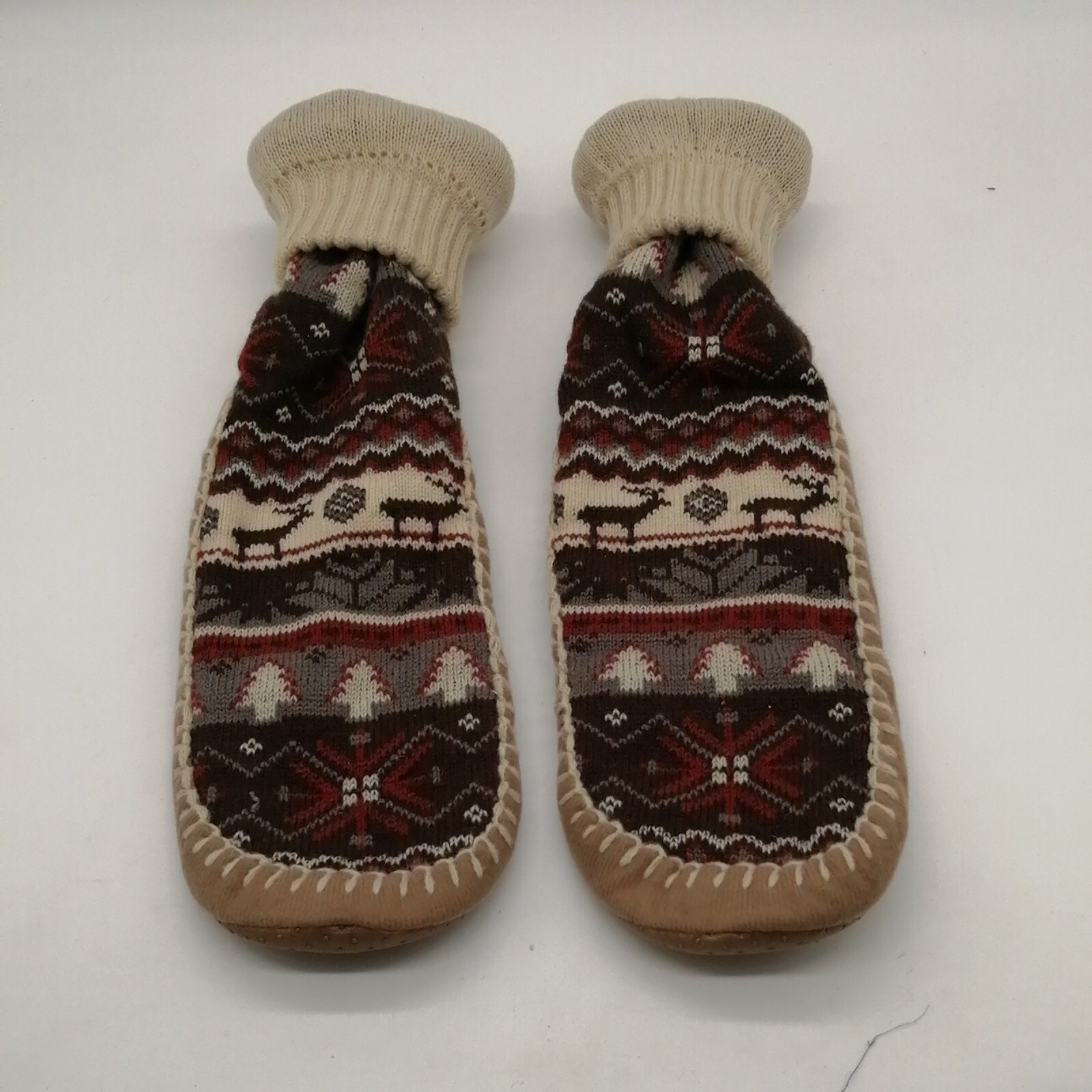 Womens Pull On Mid Calf Slipper Multicolor Tan Knit Cuff Top Suede Outsole 9-10