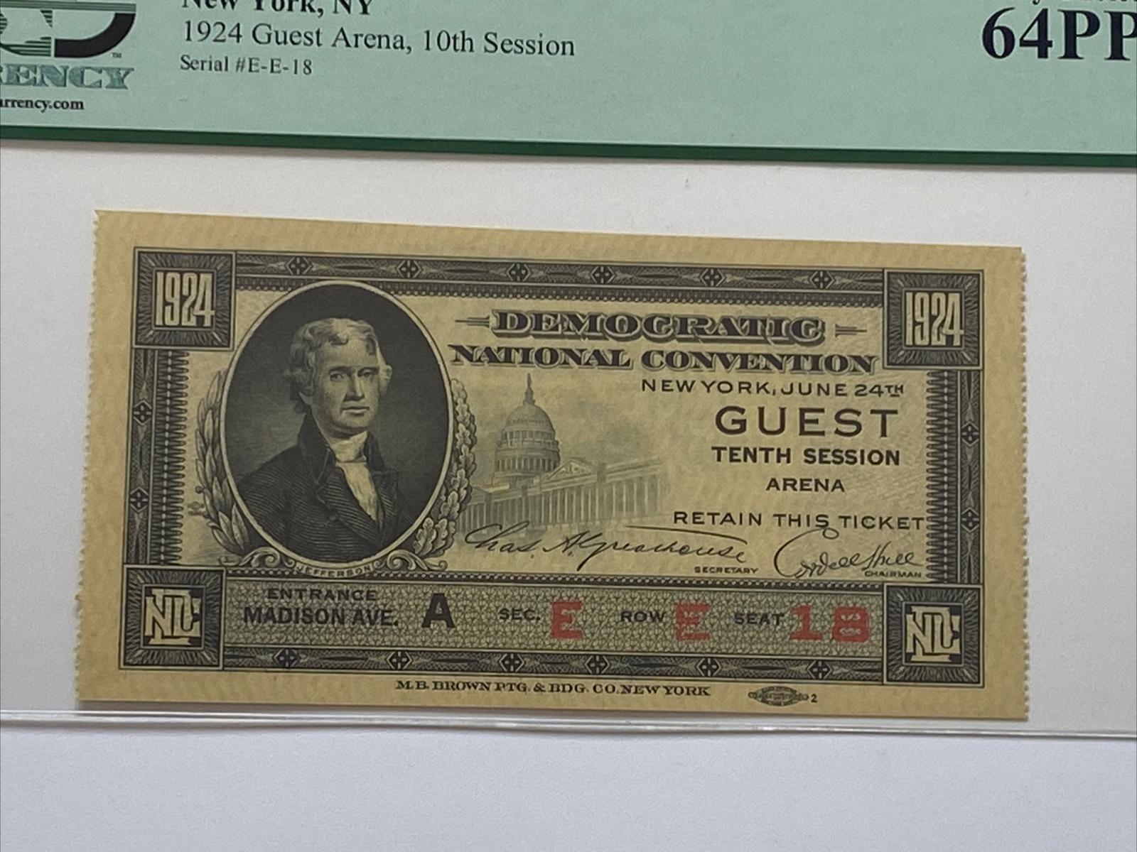 1924 Democratic National Convention Ticket John W. Davis & Charles Bryan PCGS 64