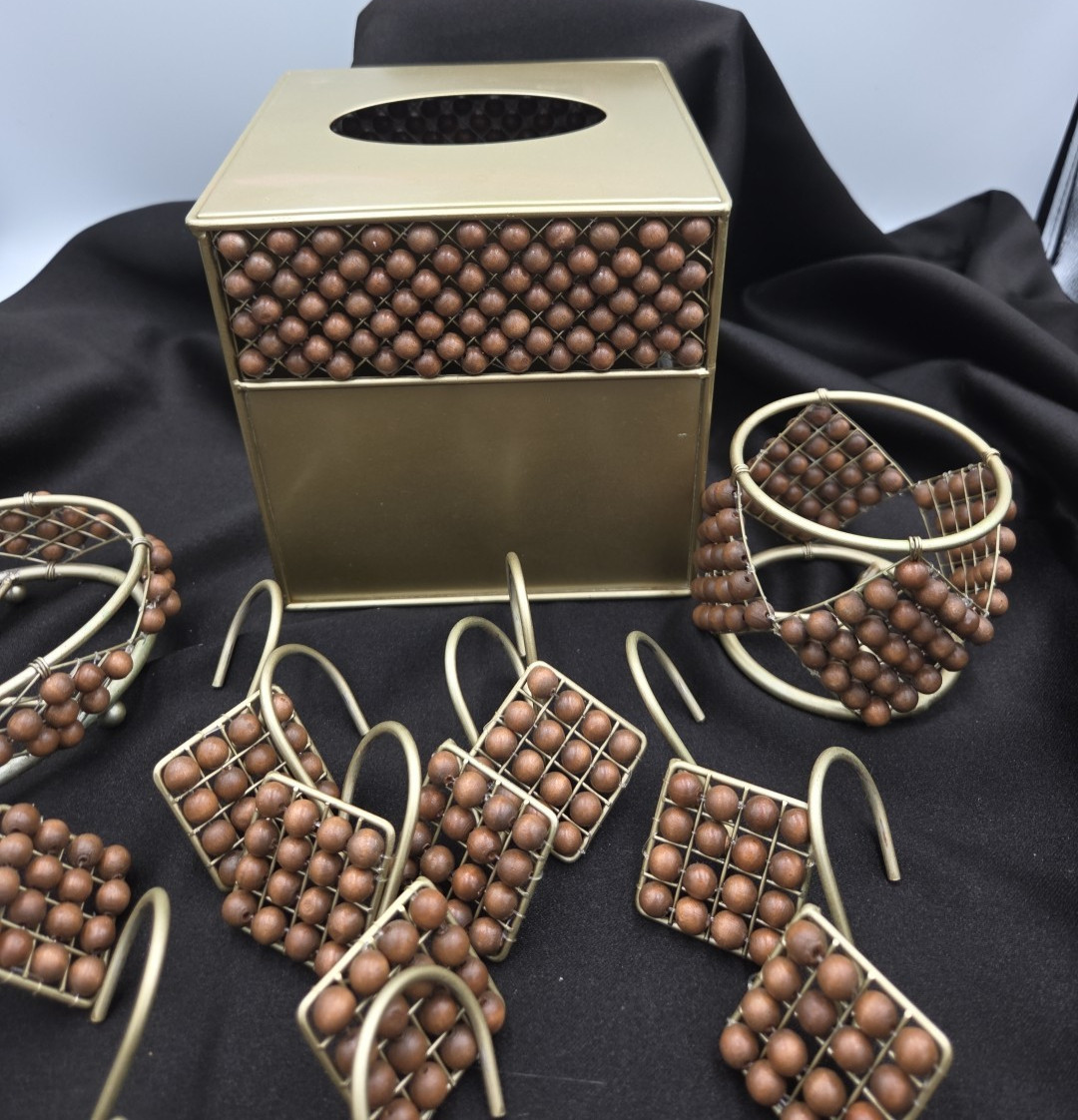 Wood Beaded Gold Toned 15 Pc Bathroom Accessory Set