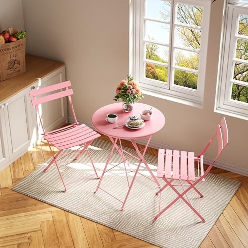 Bistro Table and Chairs Set of 2, 3 Piece Outdoor/Indoor Folding Patio Pink