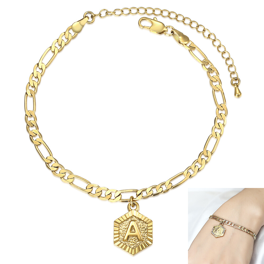 Womens A-Z Initial Letter Charm Bracelet Anklet Gold Plated Figaro Chain