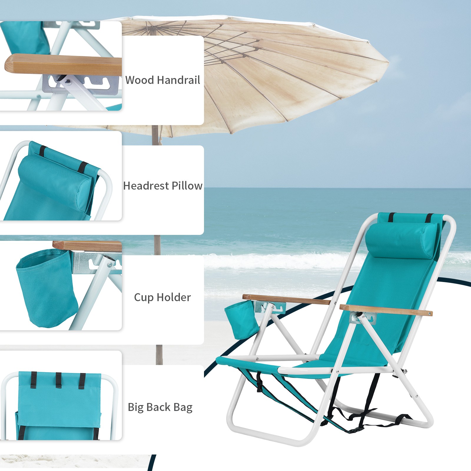 Folding Beach Chair 4 Position,Portable Backpack Camping Chair for Travel Garden