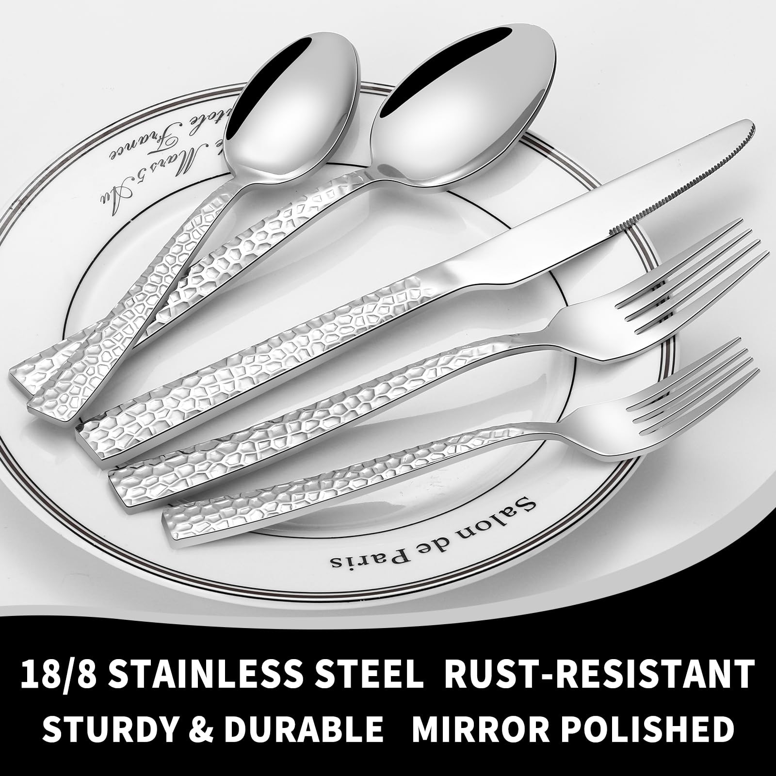 20-Piece Silverware Set, Hammered Stainless Steel Flatware Set for 4, Kitchen...