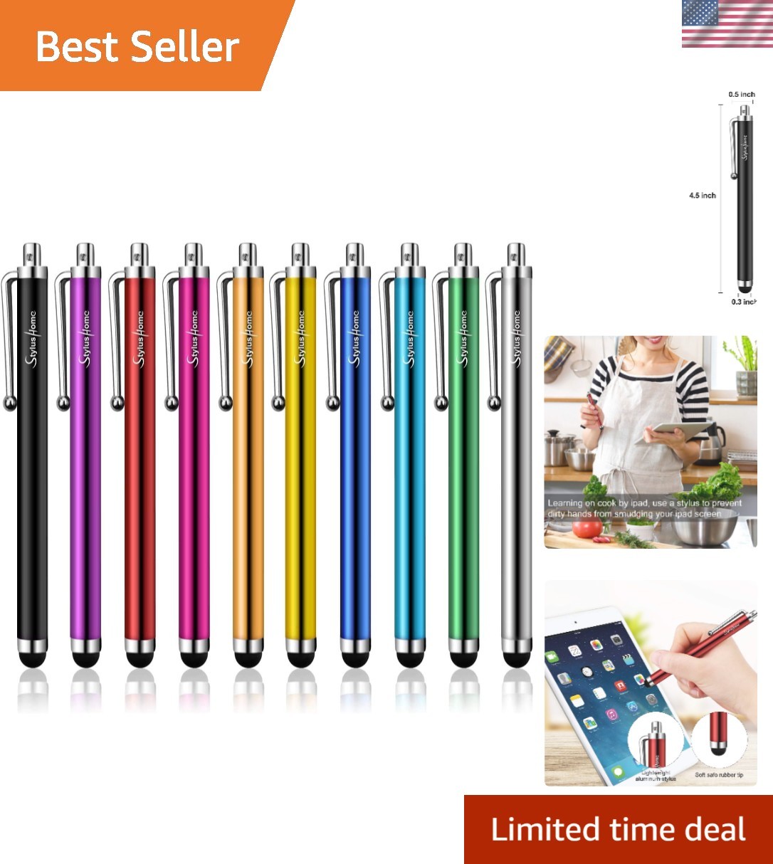 Stylus Pens for Touch Screens - 10 Pack Multi-colored Rubber