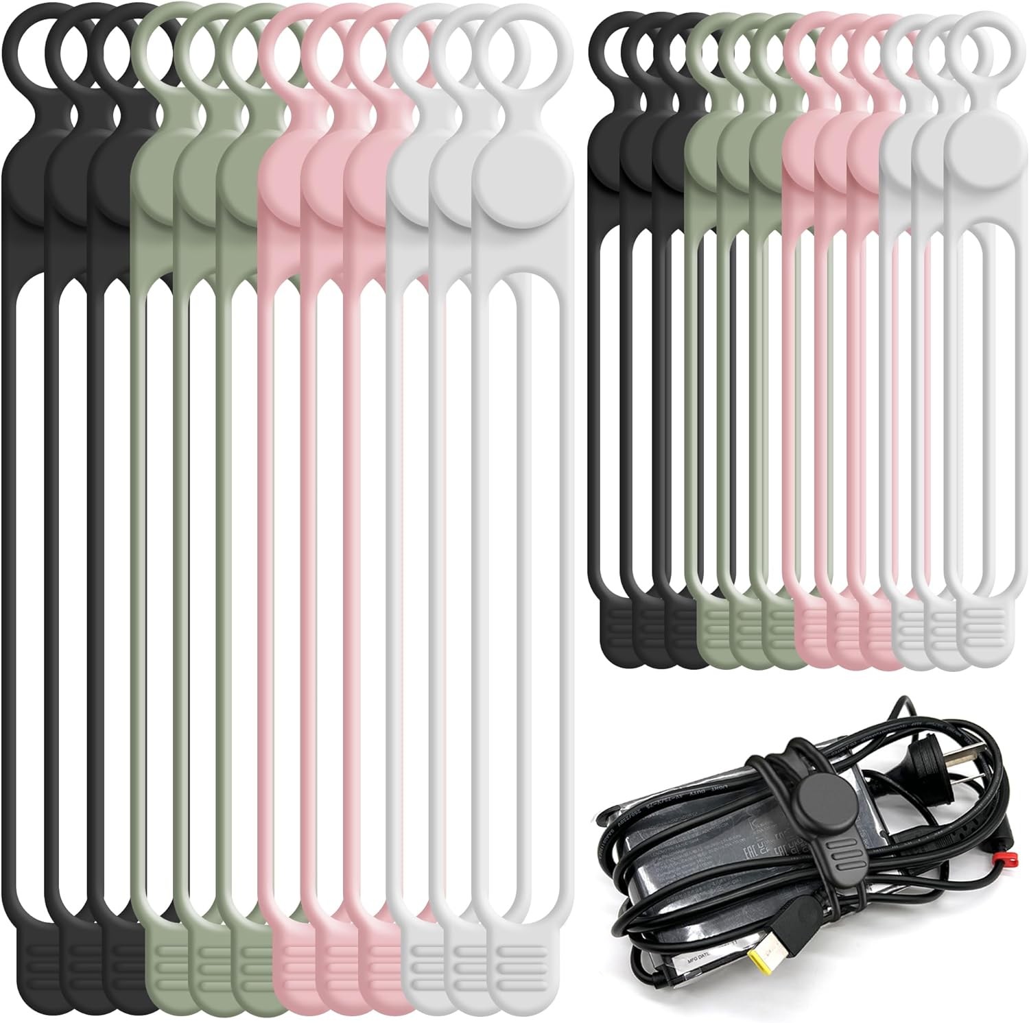 Silicone Cable Ties Reusable 24pcs 4 Colors Organizer