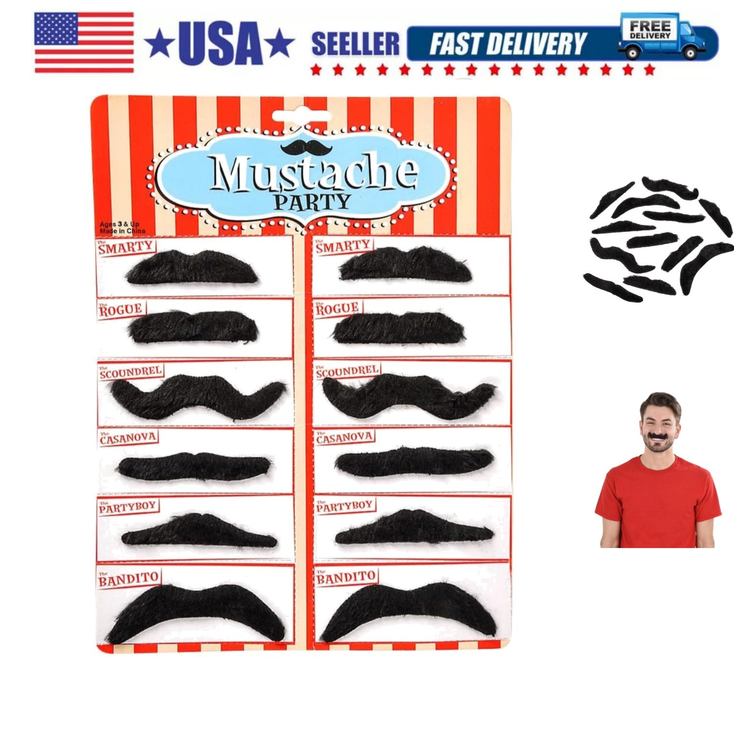 Road Island Novelty 3.5" Black Fake Mustaches, Pack of 12