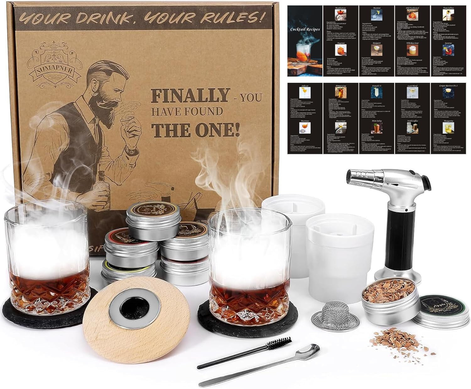 Whiskey Smoker Kit with Torch, 6 Flavors Wood Chips, 2 Whiskey Glasses, 2 Ice Ba