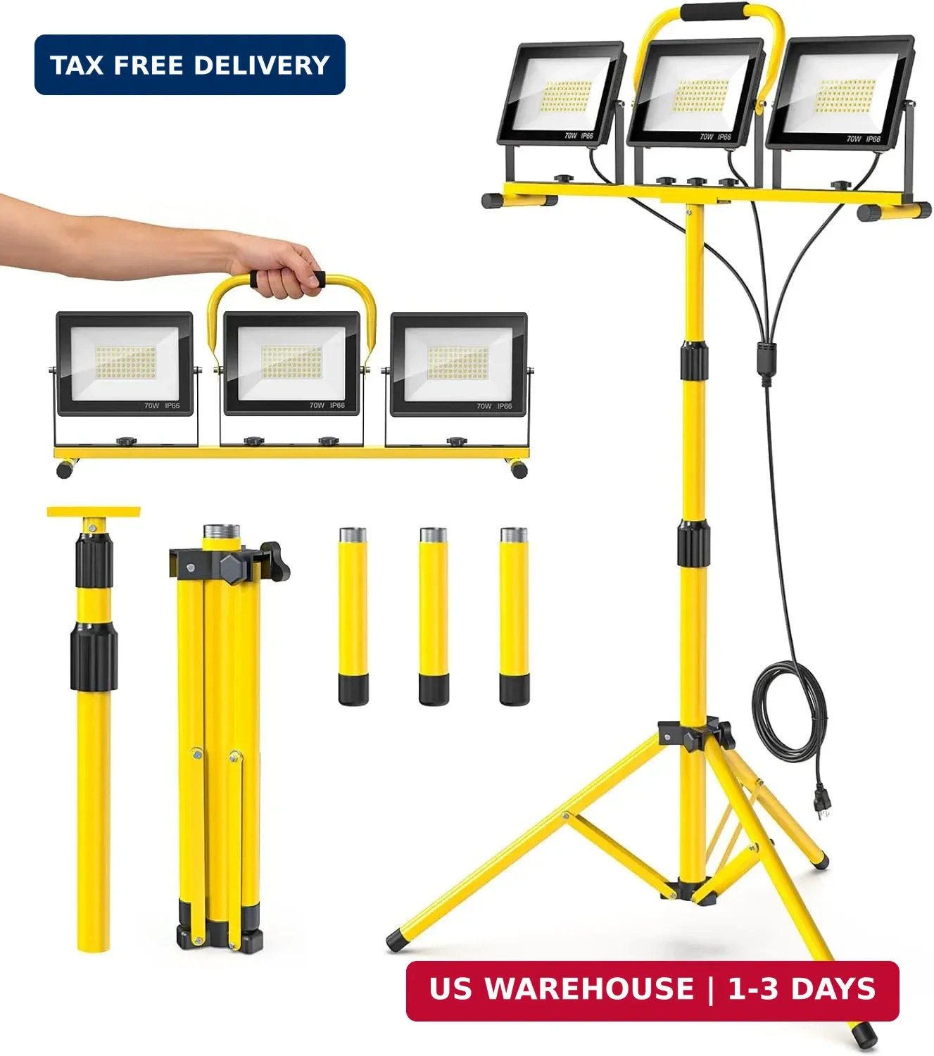 LED Work Lights with Stand: 3 Head Adjustable Work Light with Individual Switch,