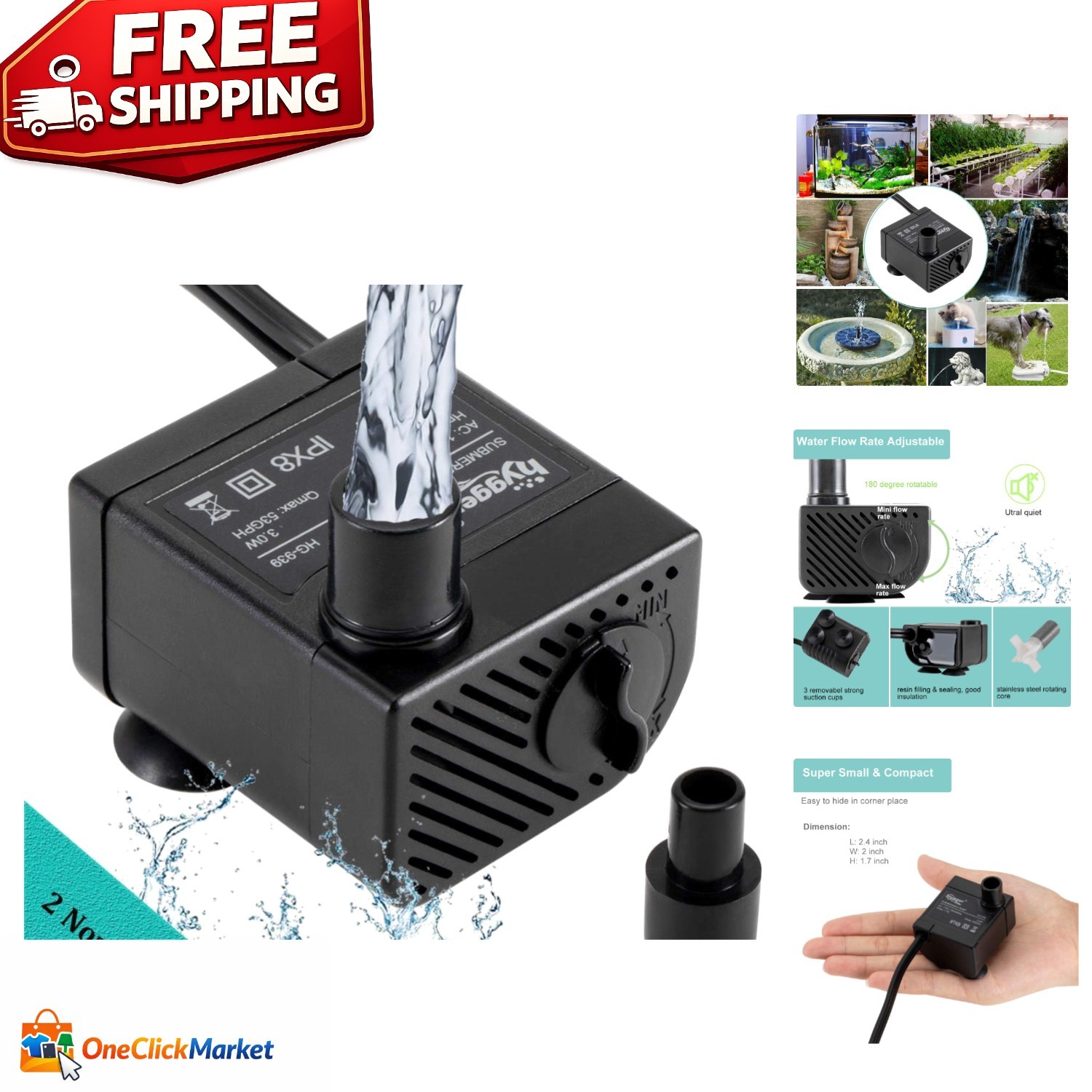 Submersible Mini Water Pump 3W with 6ft Cord for Quiet Aquatic Environments