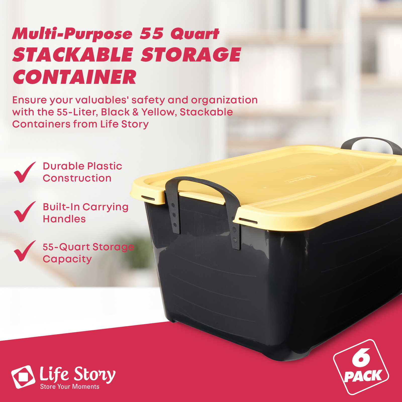 Life Story 55 Quart Plastic Stackable Storage Unit Bin, Black & Yellow (6 Pack)