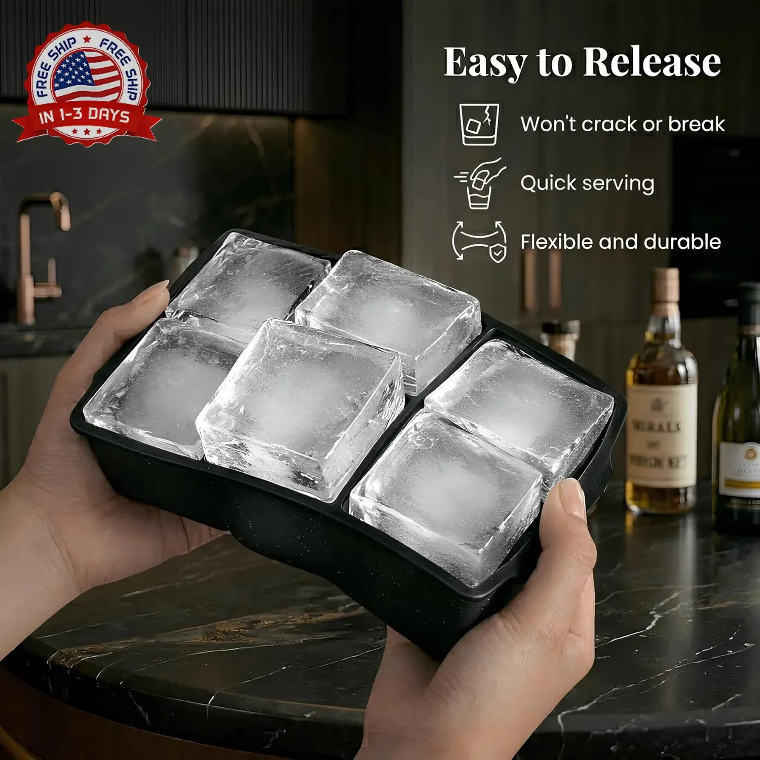 KitchFort Large Silicone Ice Cube Tray (2-Pack), Easy Release 2" Big Ice Cubes -
