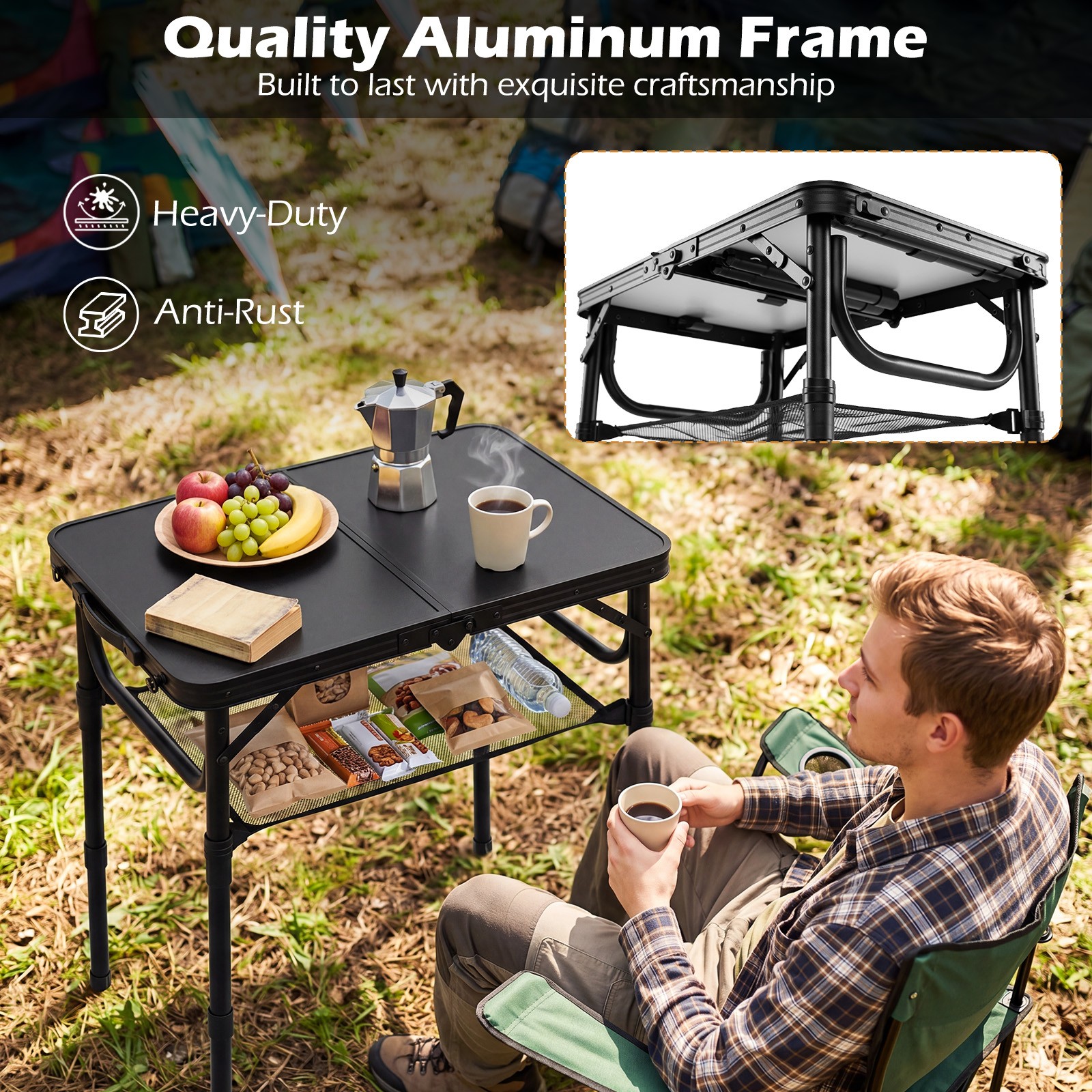 2 FT Small Folding Camping Table w/3 Adjustable Heights Storage Net Carry Handle