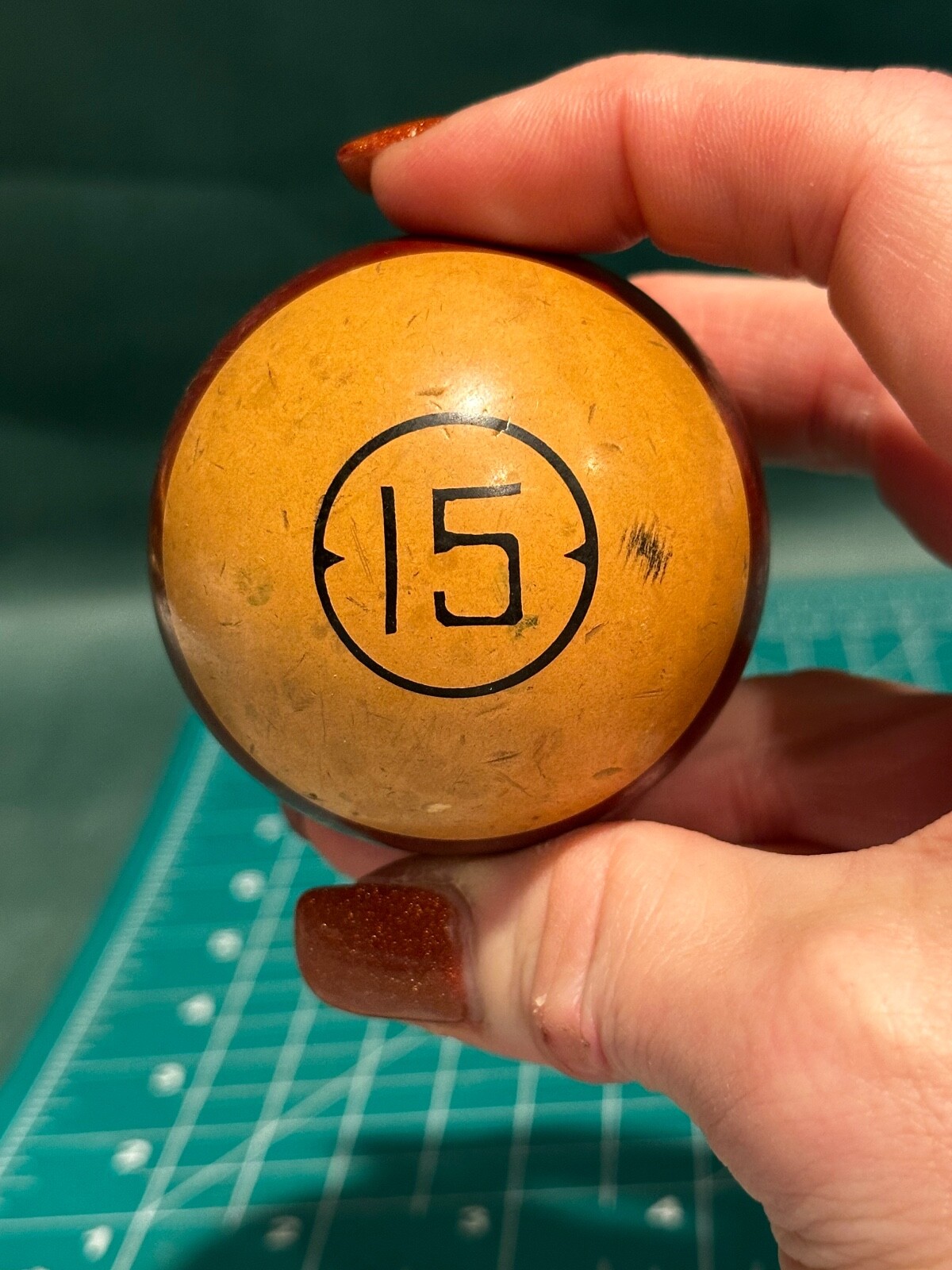 Vintage Antique Clay Billiard Pool Ball Striped #15 Art Deco RED Cream FIFTEEN