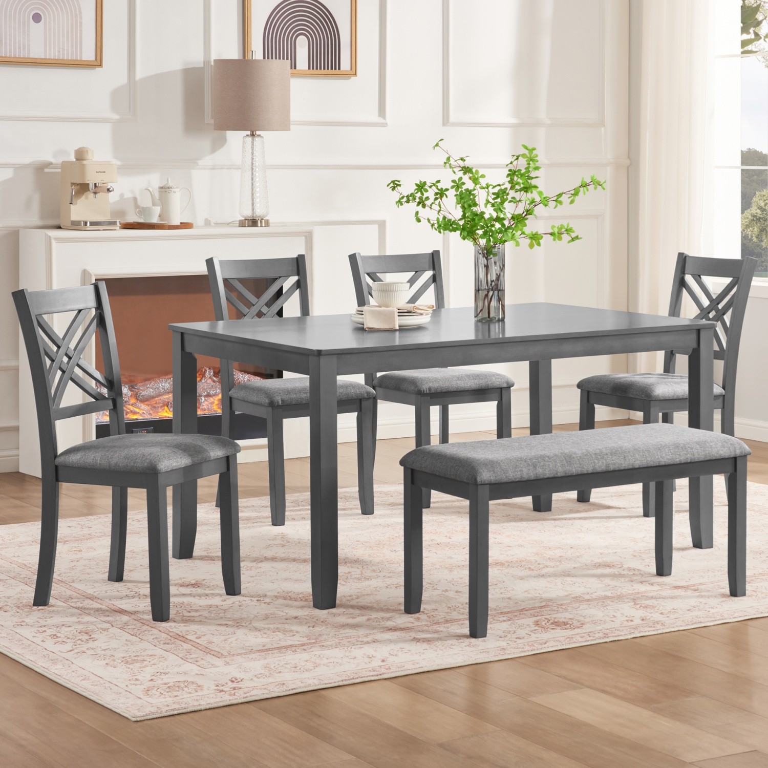 6 Piece Dining Table Set Rectangle Wooden with 4 Upholstered Chairs & Bench Gray