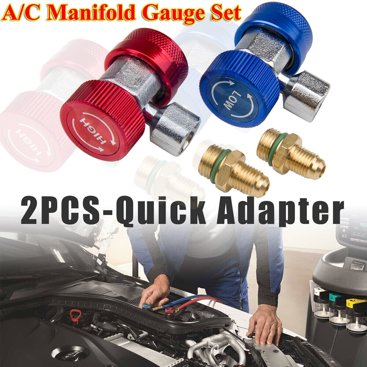 2Pcs Quick Connector Adapter Conversion Coupler Auto A/C Manifold Gauge Low/High