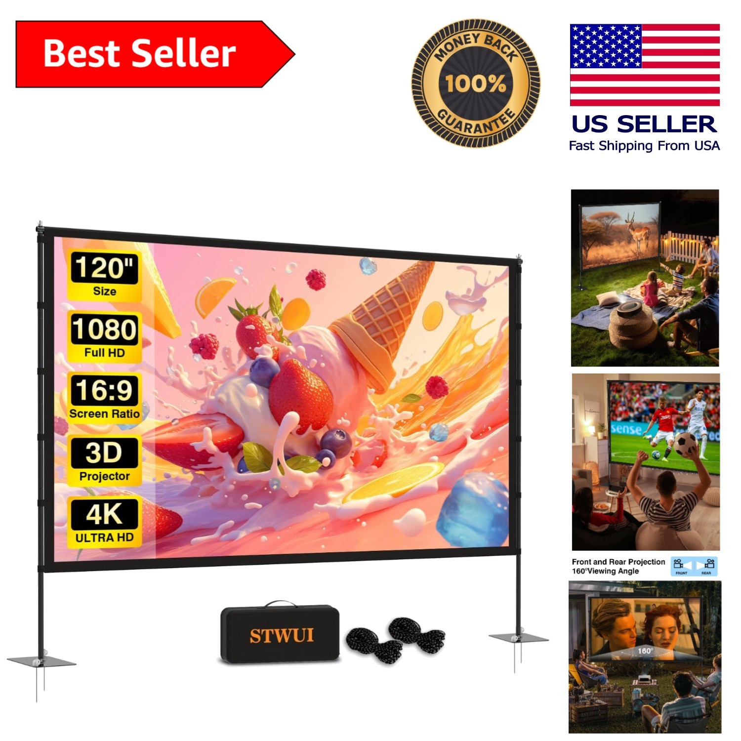 Wrinkle-Free 120-Inch Outdoor Projector Screen with Carry Bag - Ideal for Events