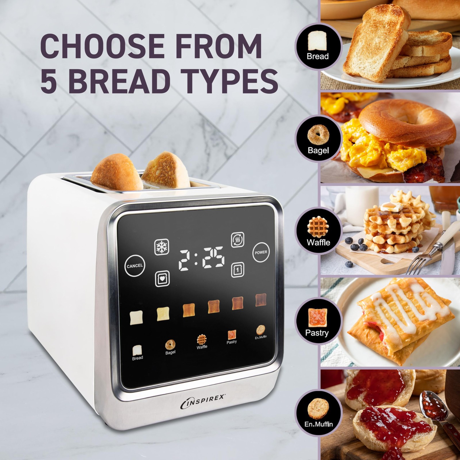 Inspirex Touch Screen Toaster - 2 Extra Wide Slots - 5 Bread Types and 6 Brownin