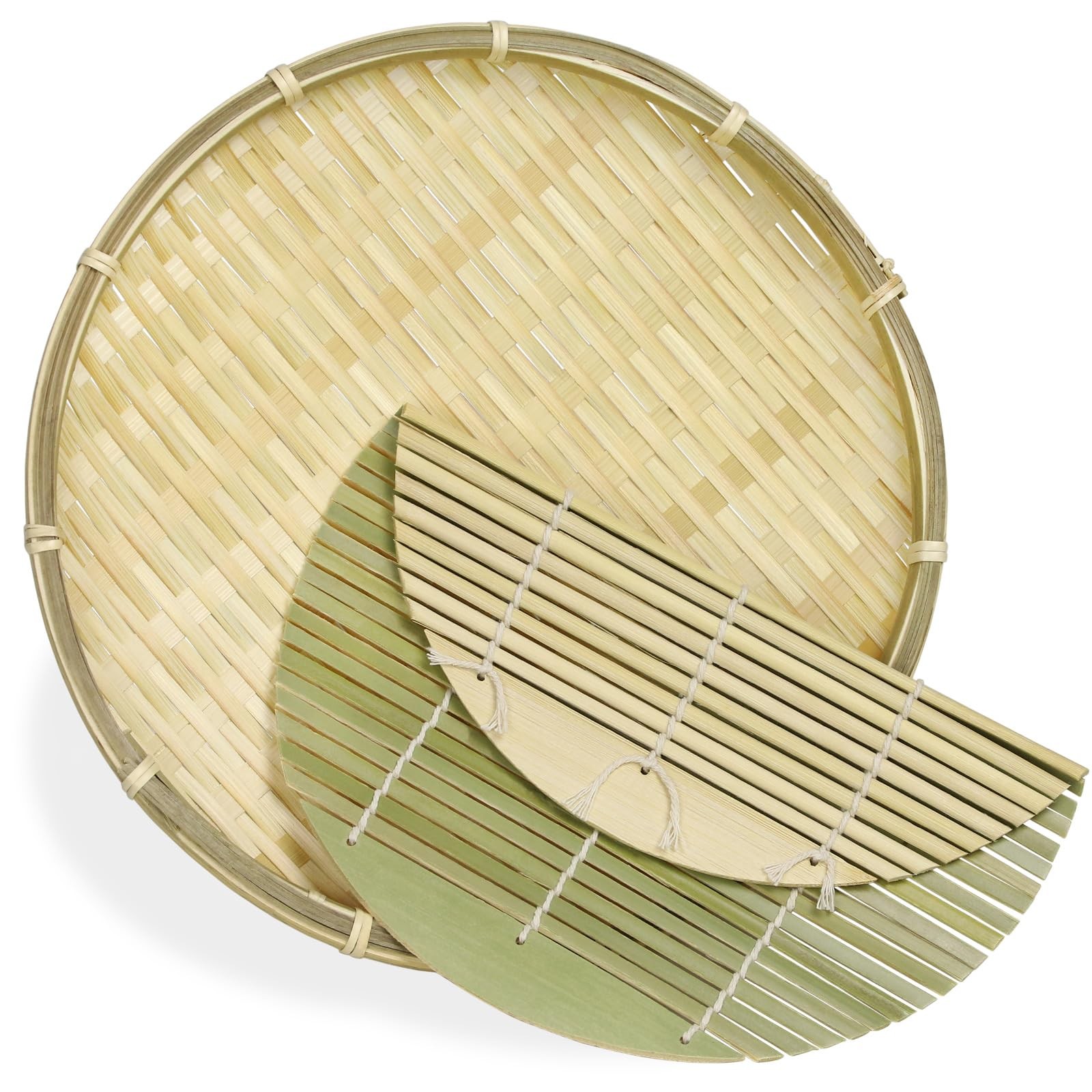 Round Soba Zaru Plate Set: 22cm Bamboo Strainer with Sudare Mat Japan