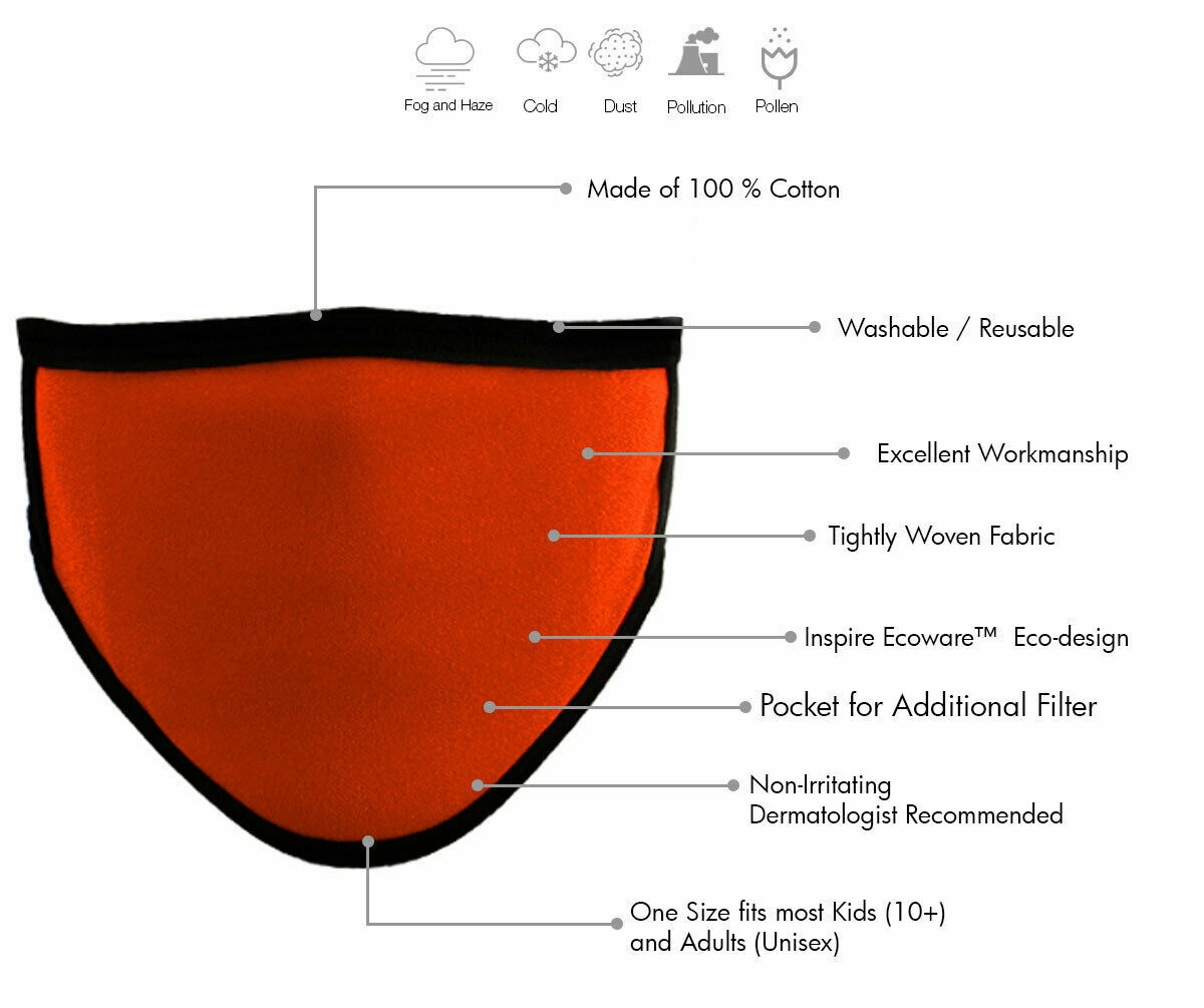 Protective ORANGE Face Mask 100% Soft Cotton - With Tie Back - Machine Washable