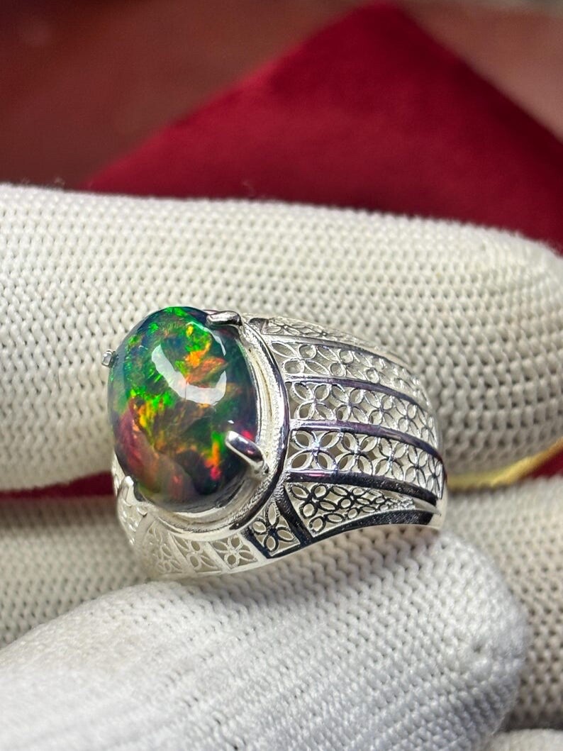 High Fire Natural Black Opal Ring, Fire Black Opal Men’s Ring, Ring For Men