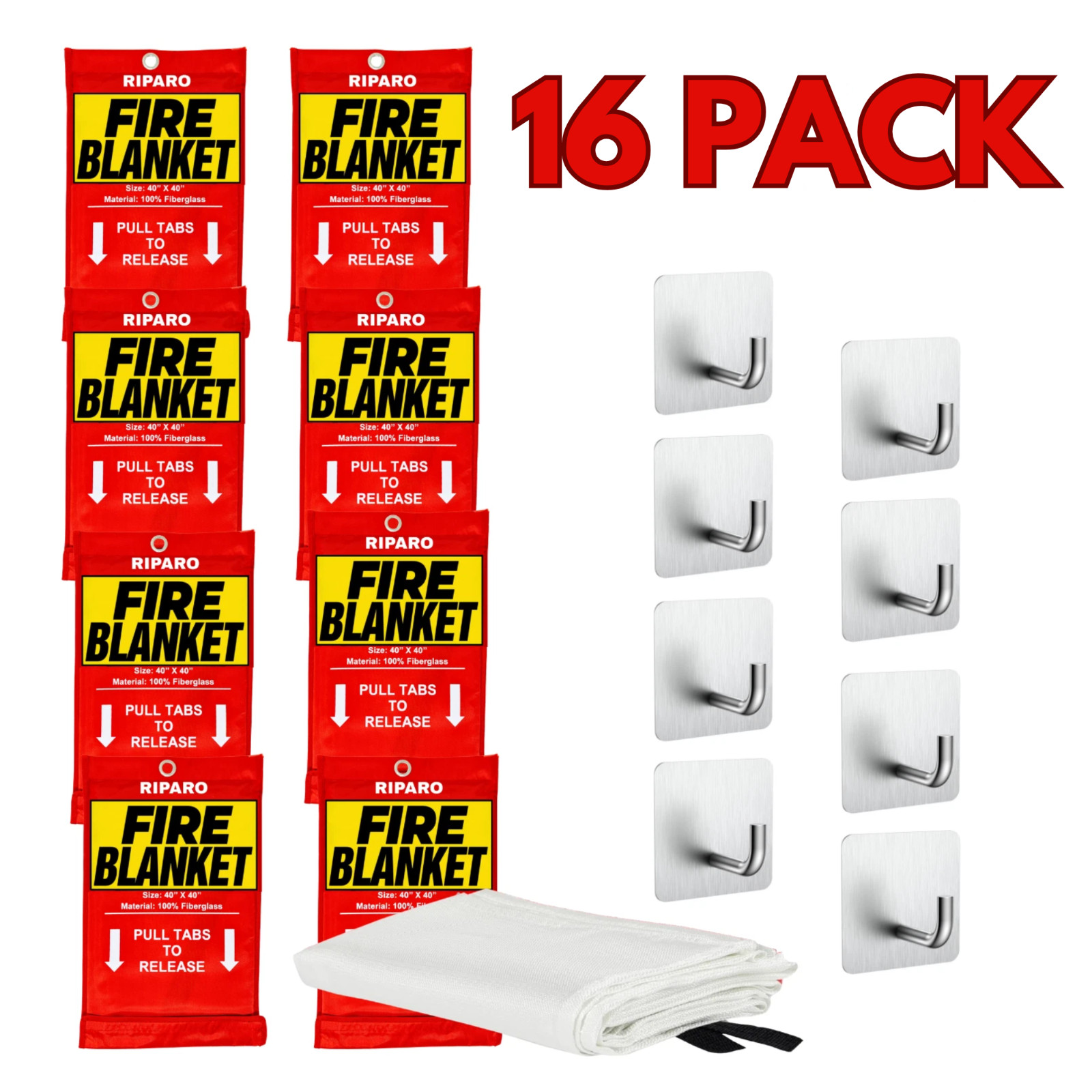 Emergency Fire Blanket W/Hook, For Home & Kitchen, Fire pits, BBQ - 16 Pack