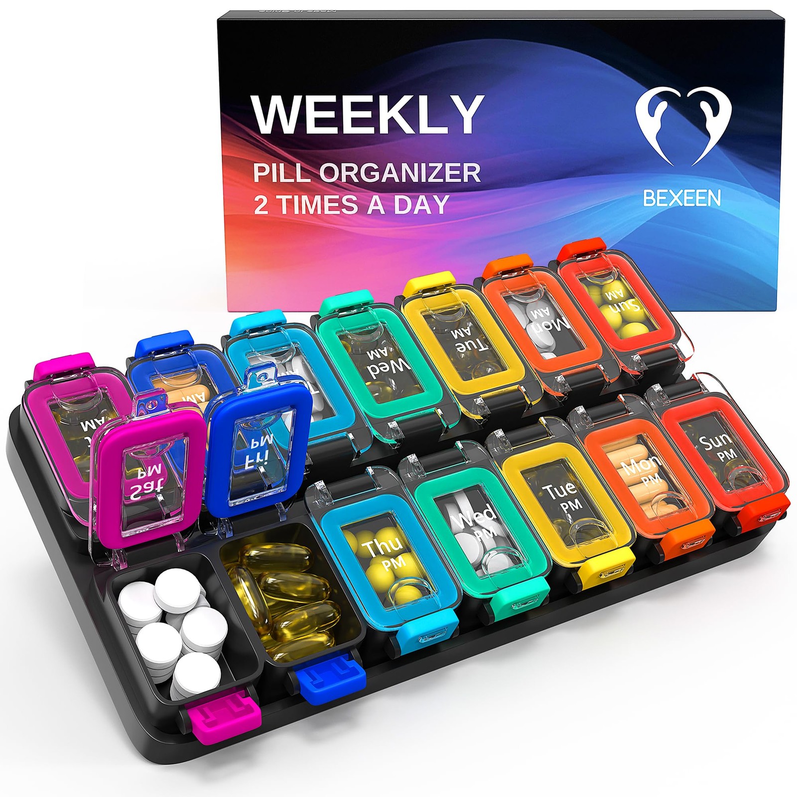 Large Weekly Pill Organizer 2 Times a Day – AM/PM Medicine Organizer with Thi...
