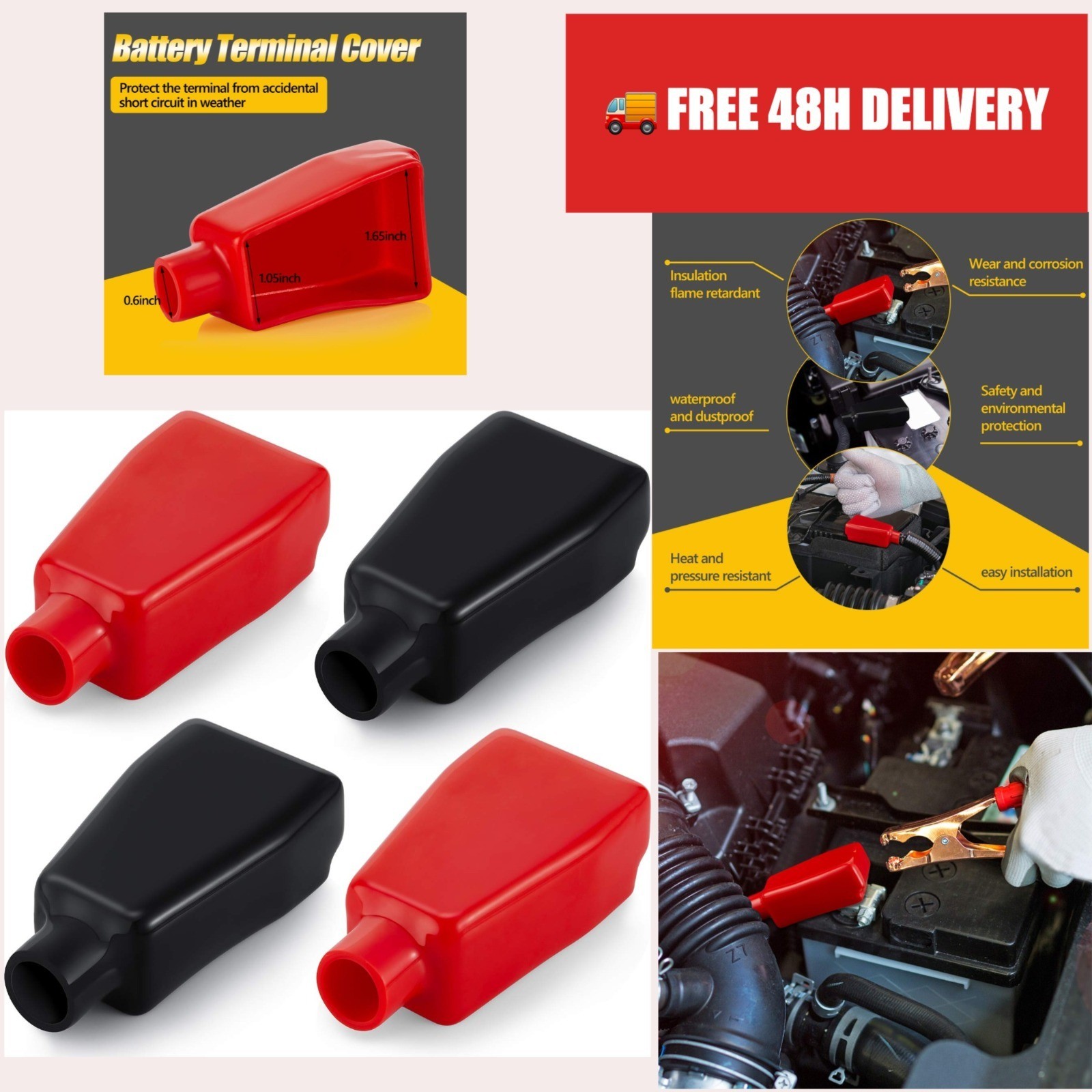 4 Pack Battery Terminal Covers Insulating Protector Red Black for Cars