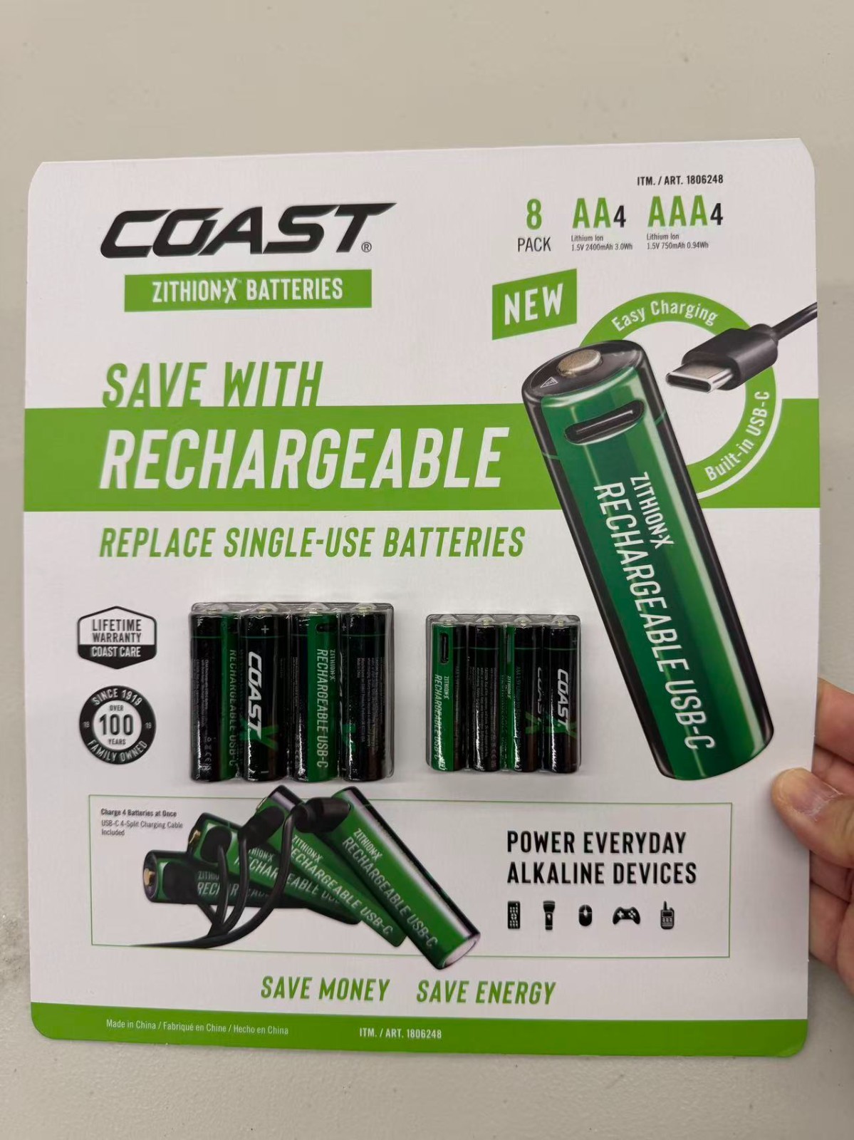 COAST USB-C Rechargeable Lithium Batteries, 8-Count (AA/AAA, 4ea) FREE SHIPPING