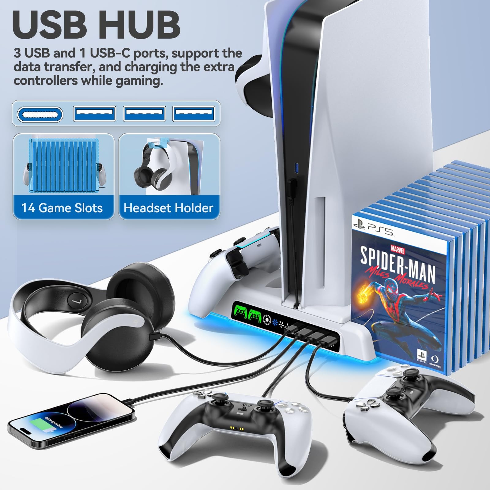PS5/Slim/Pro Stand and Cooling Station with LED Controller Charging All White
