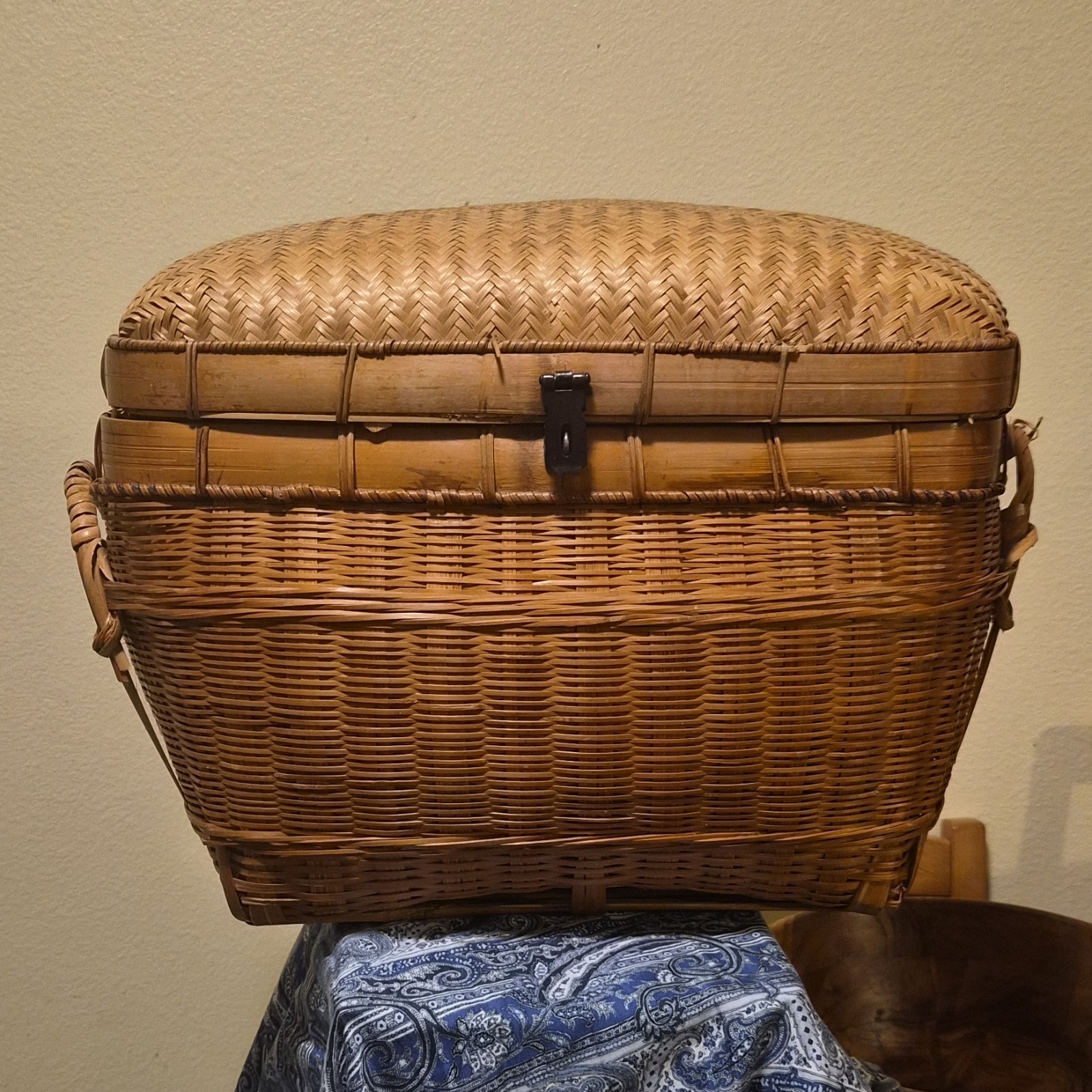 Bamboo Rectangular Lidded Basket with Handle, Brown, Handmade, Indoor Use