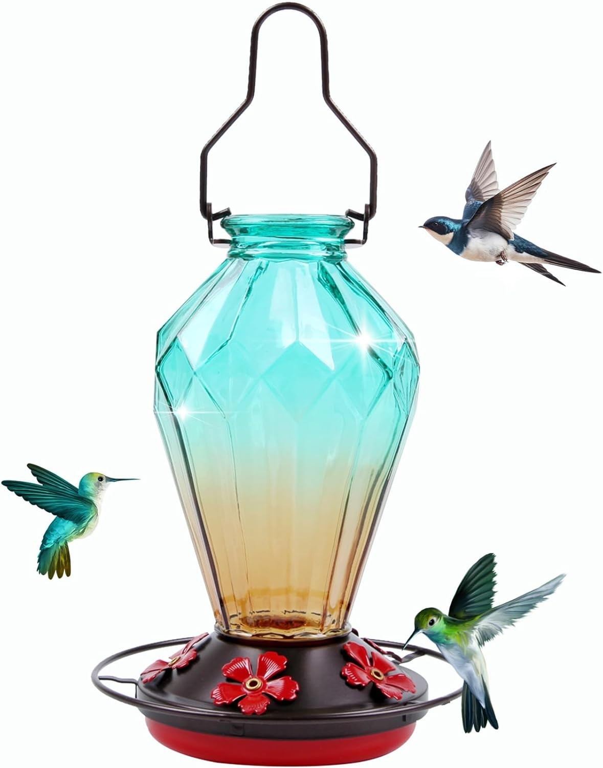 Glass Hummingbird Feeder for Outdoors Hanging, 25Oz Humming Diamond Green
