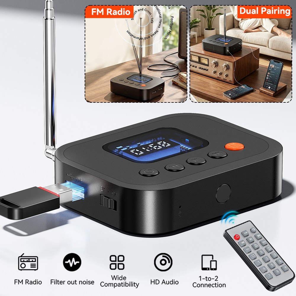 Bluetooth 6.0 Receiver, Bluetooth Audio Adapter with 3.5mm AUX RCA, FM Radio