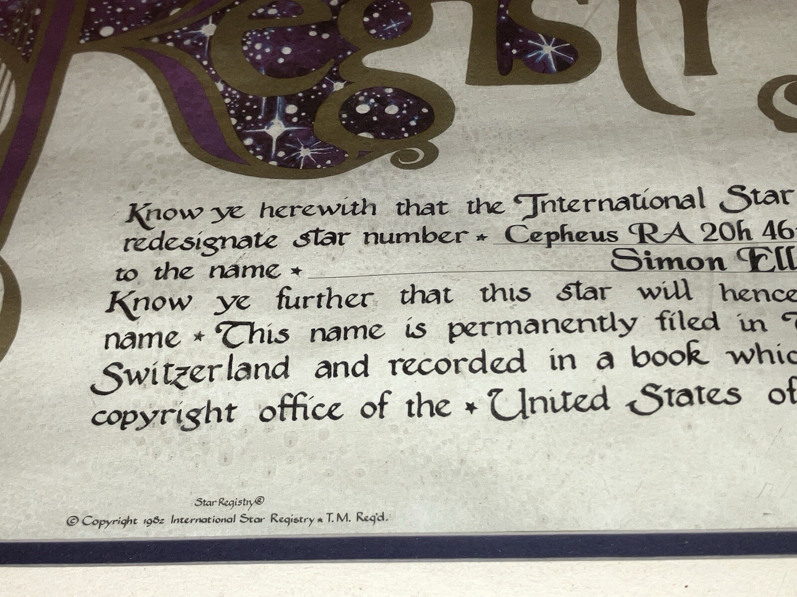 2005 International Star Registry Framed Certificate CEPHEUS RA SIGNED