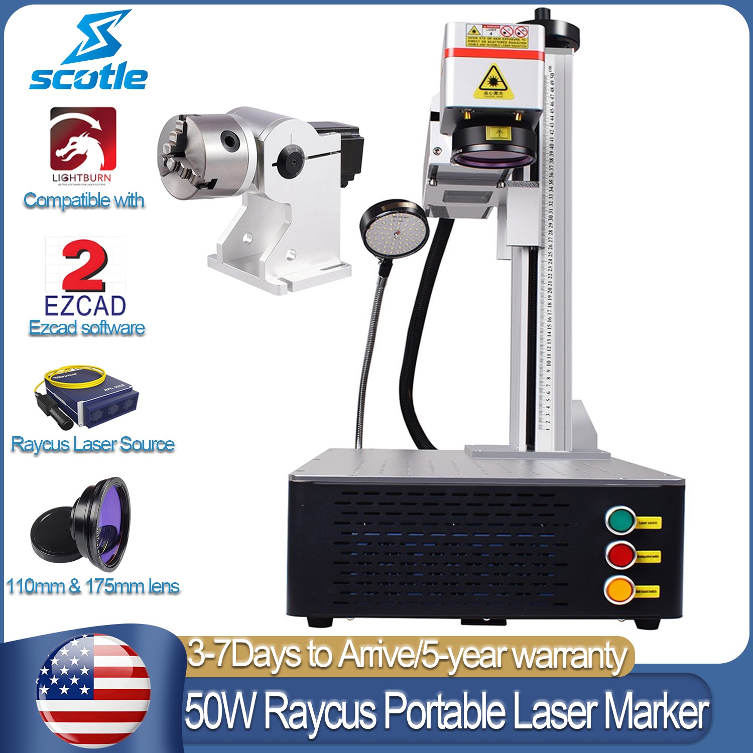Scotle Raycus 50W Portable Fiber Laser Marking Machine Metal Engraver &Rotary US