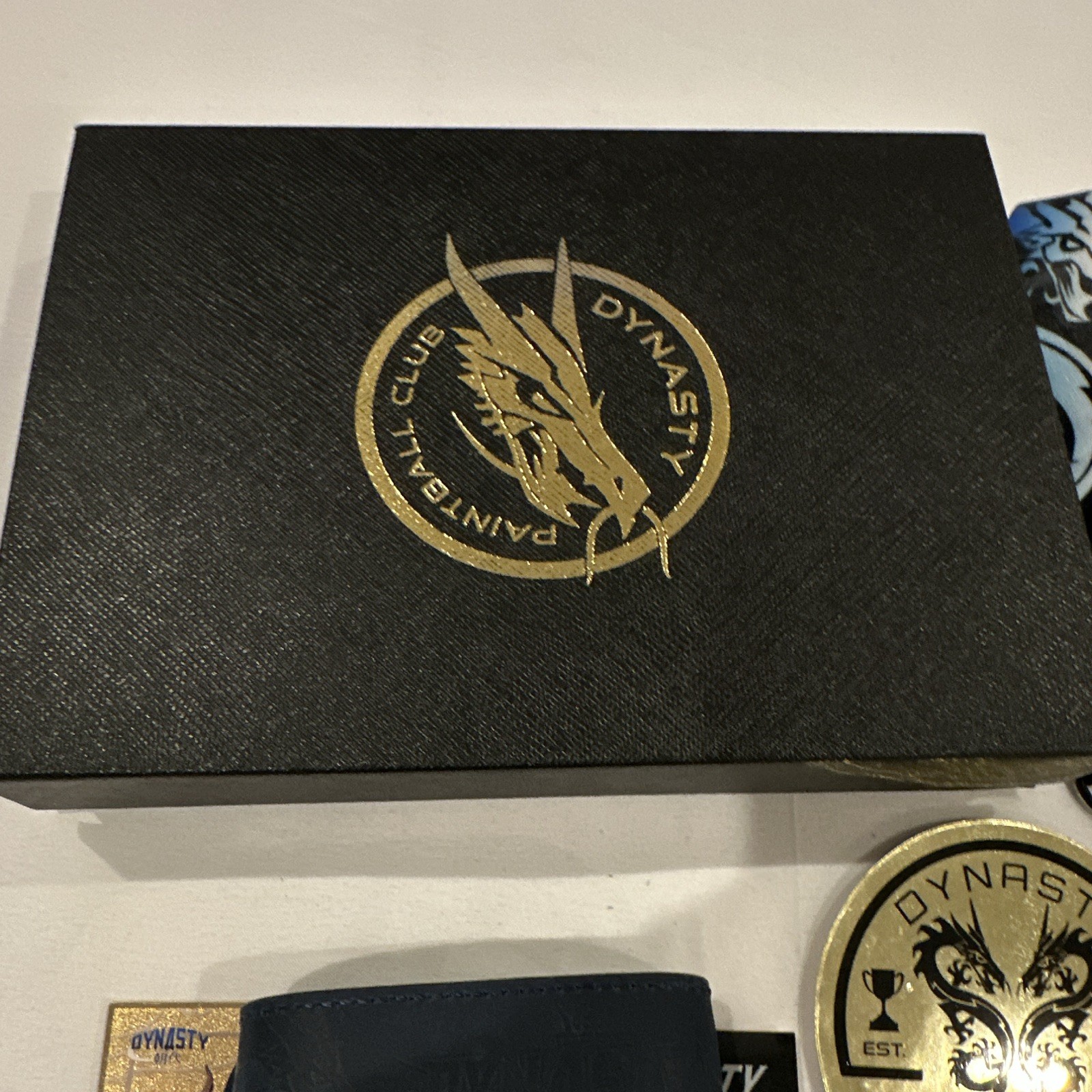 Dynasty Paintball Club Gift Box Lot w/ Lanyard Pin Patch Cards Black/Gold/Blue