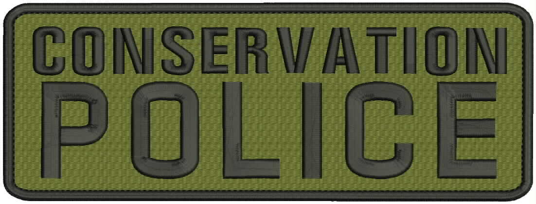 "Conservation Police" embroidery patch 4x11 inches hook OD green