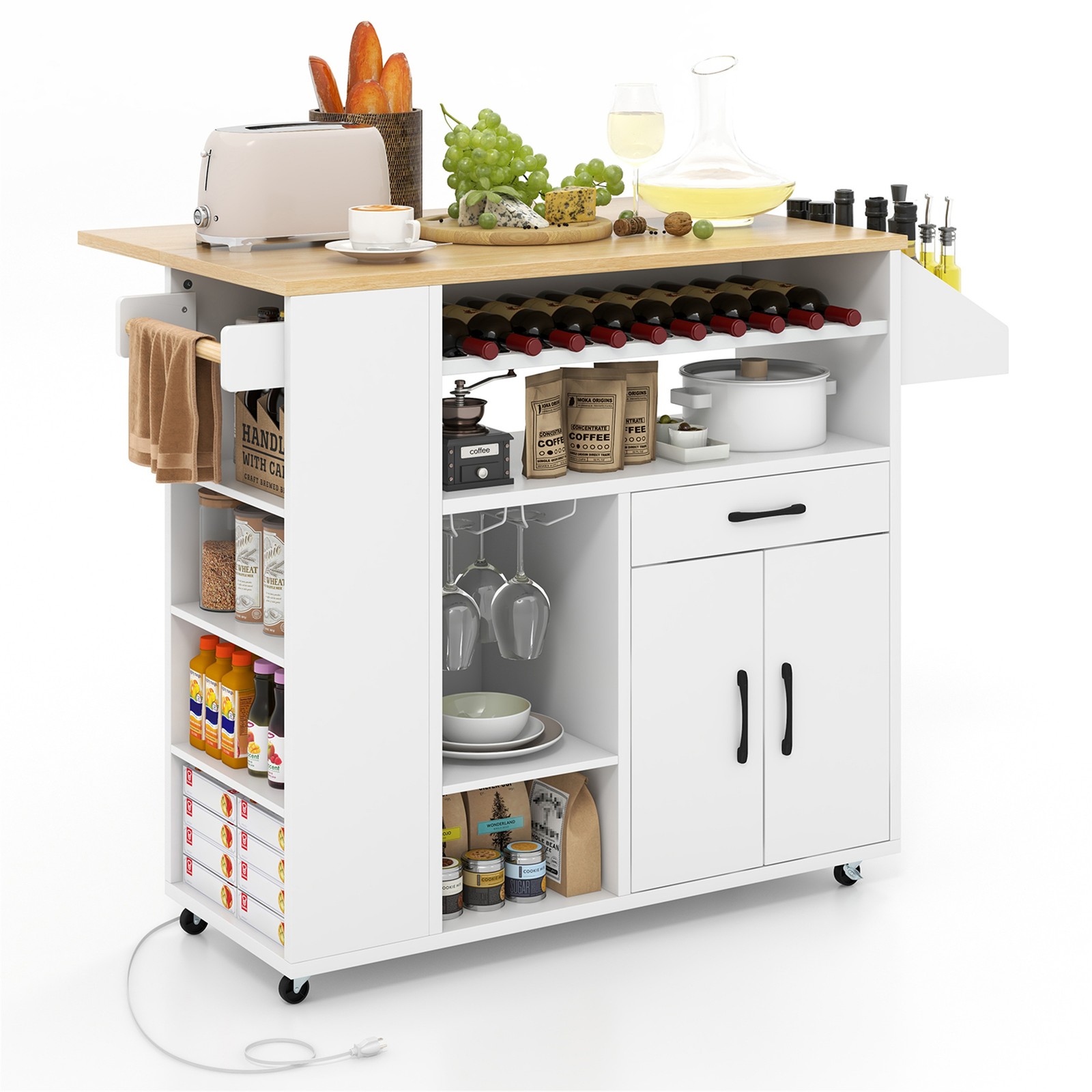 Drop-Leaf Kitchen Island Cart w/ Power Outlet Wine Rack Glass Holder Drawer