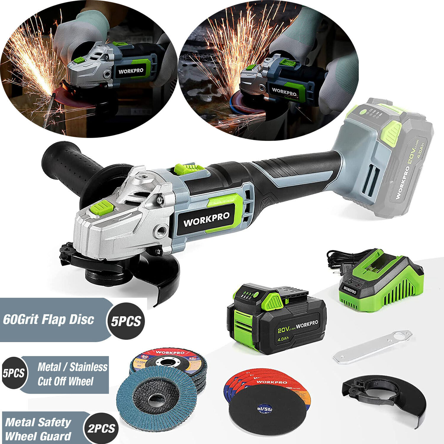 WORKPRO 20V Cordless Angle Grinder Kit Tool 4.5-in Cut-Off Wheels Grit Flap Disc