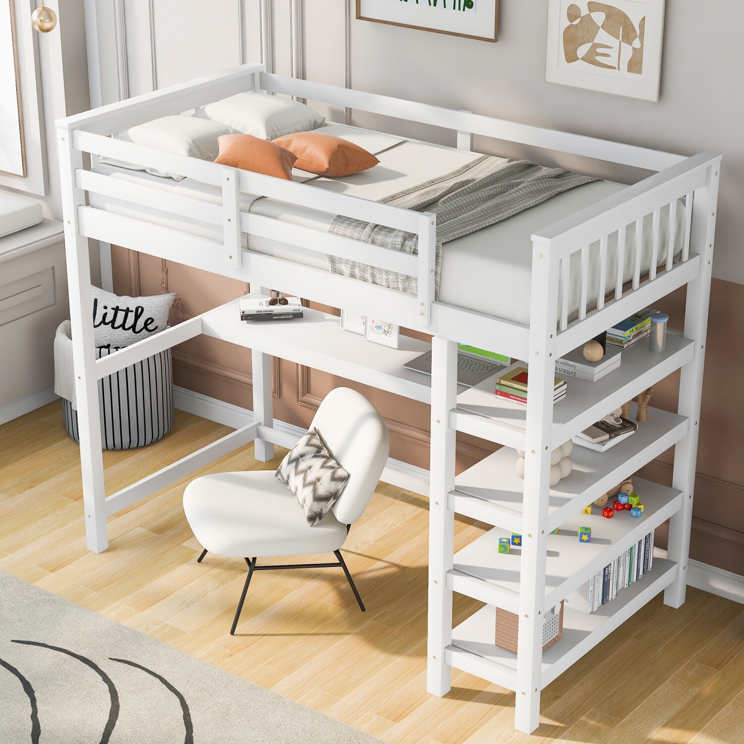 Twin/Full Size Loft Bed Wood Bed Frame with Shelves & Desk White/Gray/Espresso