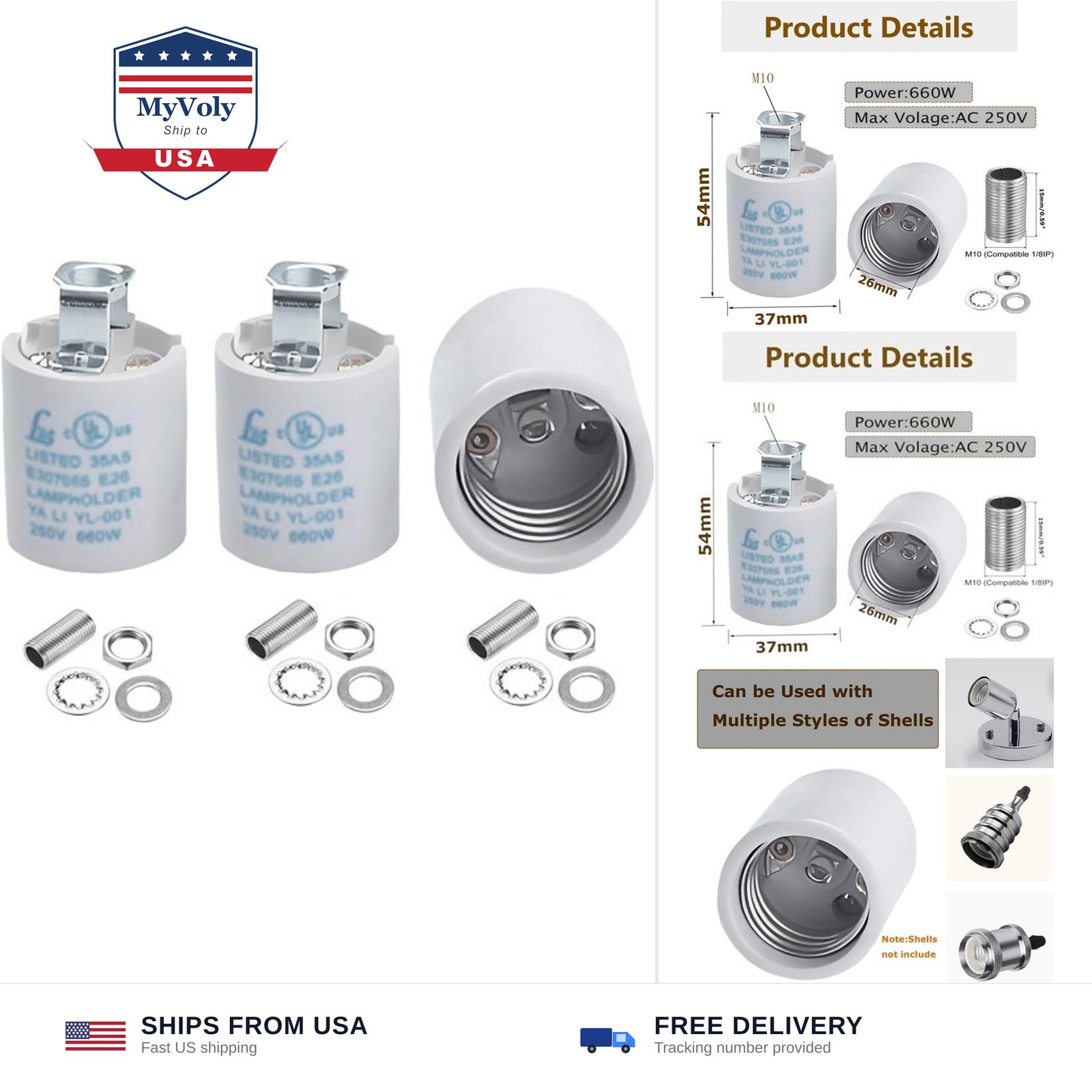 Keyless E26 Porcelain Socket,JNXQWE Ceramic Medium Base Screw Socket with Hic...