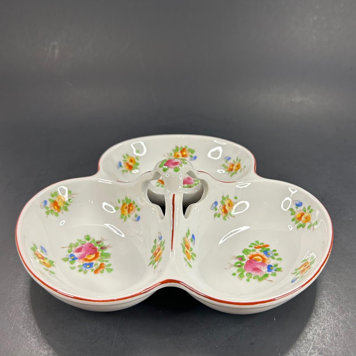 Hand Painted Relish Dish 3 Bowls Center Handle Flower Roses Porcelain Japan