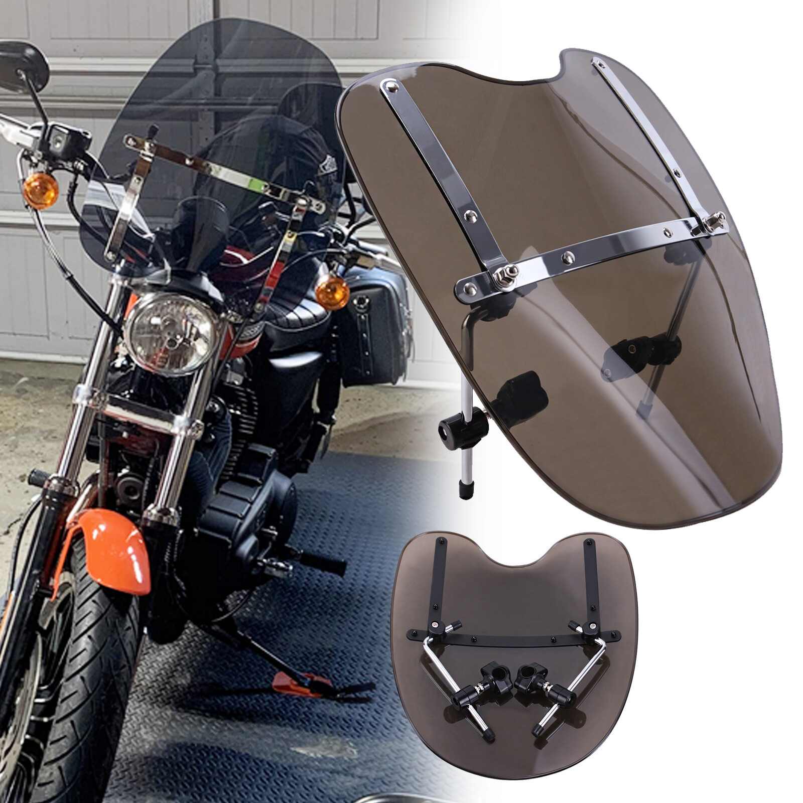 19"x17" Smoke Windshield For Harley Sportster Dyna Glide Softail Night Train XL