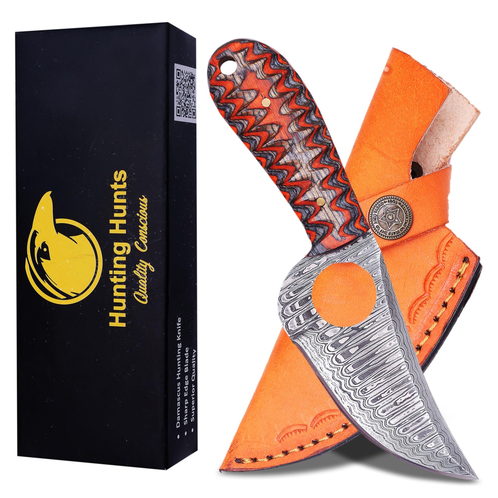 Predator Hunter - Handmade Damascus Knife with Leather Sheath - For Skinning,...