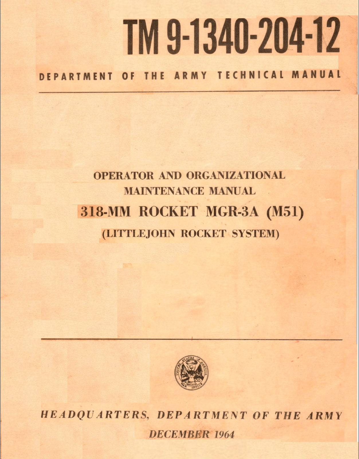 72 p. '64 TM 9-1340-204-12 318MM MGR-3A M51 LITTLE JOHN ROCKET SYSTEM On Data CD