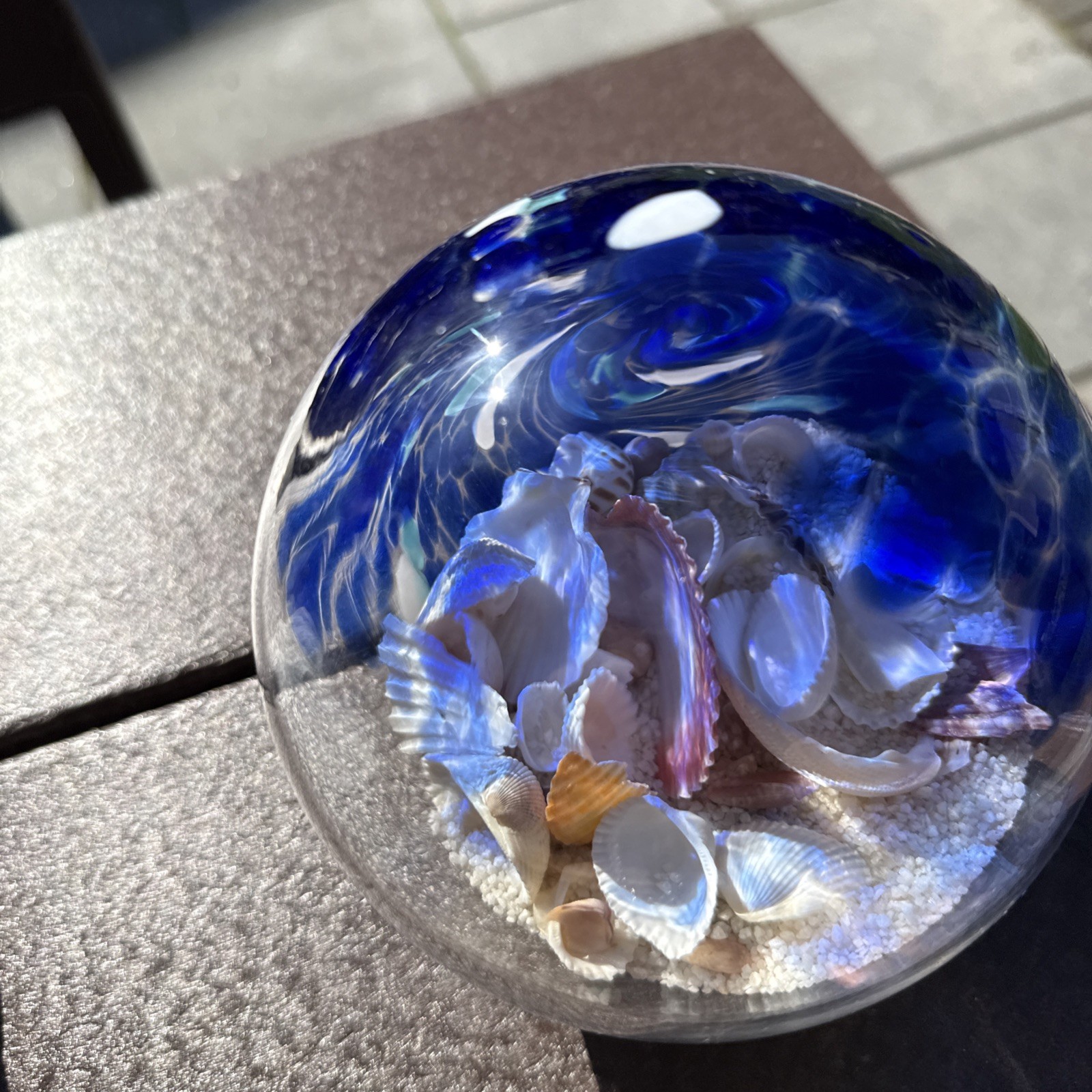 Large Hand Blown Ocean Waves Orb Globe Ball With Sand & Seashells 5.5”
