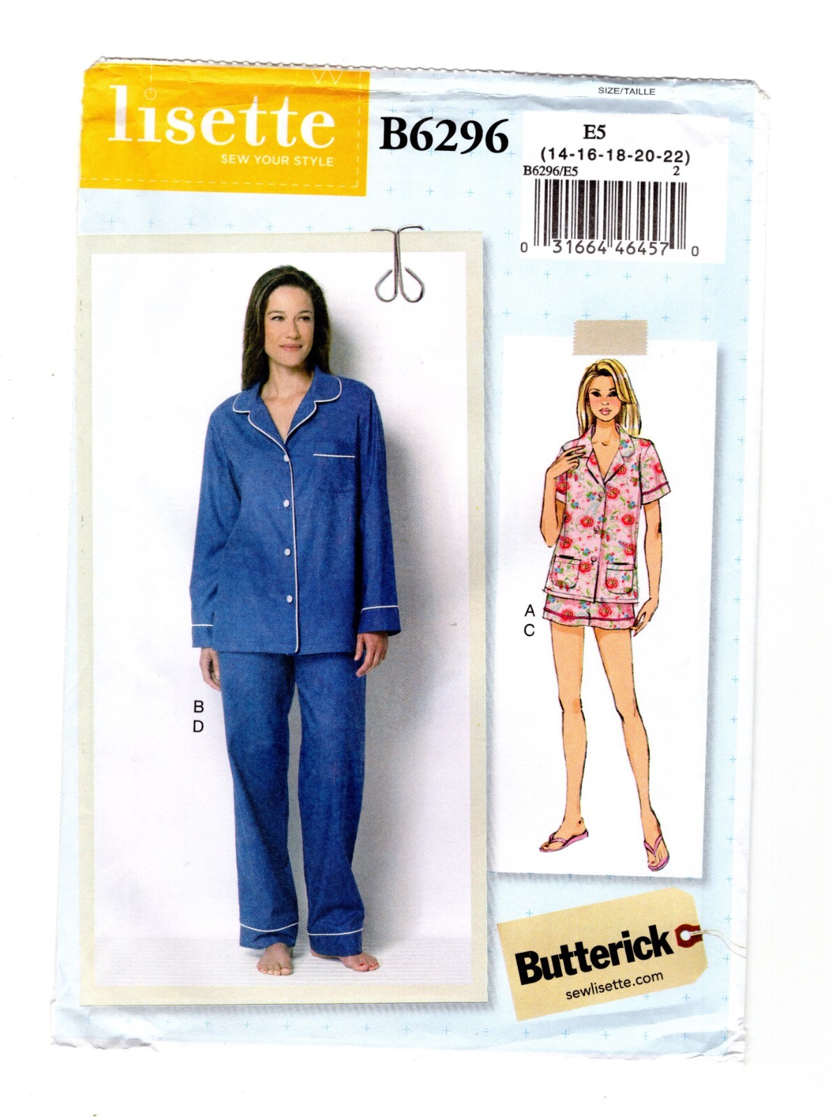 Butterick Lisette Pattern B6296 Size 14-22, Women's Pajamas, Sleep Shorts, UC